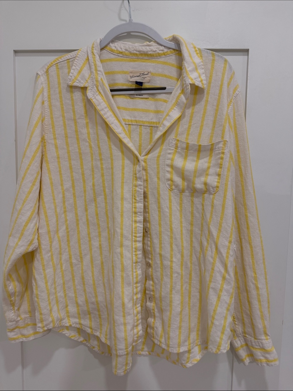Button-Front Yellow Stripe Women’s Linen Blend Shirt